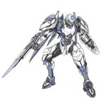  absurdres arm_blade blue_eyes chinese_commentary clenched_hands fenrir_(iron_saga) full_body highres iron_saga looking_down mecha no_humans science_fiction sketch solo weapon white_background yi_huizi 