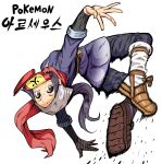  1girl absurdres black_hair eyelashes female_protagonist_(pokemon_legends:_arceus) grey_eyes hat head_scarf highres long_hair mipoog mouth_hold pokemon pokemon_(game) pokemon_legends:_arceus ponytail red_scarf sash scarf scroll sidelocks simple_background solo sweat translation_request white_background 