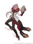  1girl absurdres asymmetrical_bangs bangs blue_eyes book brown_gloves cinderella_(sinoalice) crossdressing dark_skin frills full_body fur_trim gloves gold_trim grin hair_over_one_eye hair_slicked_back hand_in_pocket highres ji_no long_coat looking_at_viewer official_art pants purple_hair reverse_trap sinoalice smile solo square_enix white_background 