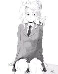  1girl closed_mouth collared_shirt dated greyscale hair_ornament hairclip highres jacket long_sleeves looking_at_viewer miniskirt monochrome necktie original ponytail ryusei_hashida school_uniform shirt signature simple_background sitting skirt solo white_background wing_collar 