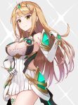  .com 1girl bangs bare_legs bare_shoulders blonde_hair breasts chest_jewel cleavage_cutout clothing_cutout crossed_arms dress earrings elbow_gloves gem gloves headpiece highres jewelry large_breasts long_hair looking_at_viewer mythra_(xenoblade) short_dress smile solo super_smash_bros. swept_bangs thigh_strap tiara very_long_hair white_dress white_footwear white_gloves xenoblade_chronicles_(series) xenoblade_chronicles_2 yellow_eyes 