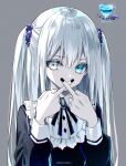  black_dress black_neckwear blue_eyes chromatic_aberration closed_mouth covering_mouth dress grey_eyes heterochromia kazunehaka lolita_fashion long_hair long_sleeves looking_at_viewer middle_finger original simple_background twintails white_hair 