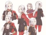  1girl blonde_hair blush breasts brown_hair cape closed_mouth edelgard_von_hresvelg fire_emblem fire_emblem:_three_houses garreg_mach_monastery_uniform gloves hair_ornament hair_ribbon highres long_hair long_sleeves looking_at_viewer nanao_parakeet red_cape ribbon simple_background smile twintails uniform violet_eyes white_hair younger 