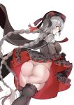  1girl ann_(ann58533111) ass azur_lane black_dress black_legwear braid breasts capelet dress frilled_dress frills from_behind grey_hair highres horns large_breasts layered_dress long_hair looking_back nurnberg_(azur_lane) red_dress red_eyes simple_background solo thigh-highs thong twin_braids two-tone_dress very_long_hair white_background 