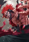  1boy belt boku_no_hero_academia claws clenched_teeth commentary_request grey_background hair_horns highres kirishima_eijirou male_focus pants red_eyes redhead sharp_teeth shirtless simple_background solo spiky_hair teeth torn_clothes yomoyama_yotabanashi 