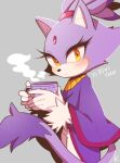  1girl animal_nose blaze_the_cat blush capelet cat_girl closed_mouth commentary_request cup forehead_jewel furry holding holding_cup looking_at_viewer misuta710 orange_eyes purple_fur solo sonic_(series) standing tail 