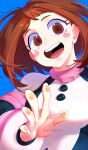  1girl :d bangs black_bodysuit blue_background blush_stickers bob_cut bodysuit boku_no_hero_academia brown_eyes brown_hair goomgoomi happy highres looking_at_viewer open_mouth short_hair sidelocks simple_background smile solo teeth uraraka_ochako waving white_bodysuit 