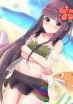  1girl 9magitune bangs bare_shoulders beach blue_sky blunt_bangs blurry blurry_background blush brown_hair commentary_request crossed_arms day dutch_angle eyebrows_visible_through_hair flower hair_flower hair_ornament highres kasumi_(princess_connect!) long_hair looking_at_viewer navel outdoors princess_connect! princess_connect!_re:dive sidelocks sky solo swimsuit violet_eyes 