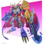  arm_blade arm_cannon blue_eyes cape digimon highres horns looking_at_viewer mecha no_humans omegamon oomasa_teikoku single_horn solo spikes standing weapon 