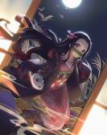  1girl absurdres banxuan_c2ka bird bit_gag black_hair crane_(animal) gag highres huge_filesize japanese_clothes kamado_nezuko kimetsu_no_yaiba kimono long_hair looking_at_viewer mask moon night night_sky red_eyes sky 