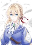  1girl blonde_hair blue_jacket braid french_braid green_brooch hair_ribbon highres jacket juliet_sleeves kaijin-m letter long_sleeves looking_at_viewer parted_lips puffy_sleeves red_ribbon ribbon simple_background solo upper_body violet_evergarden violet_evergarden_(character) white_background 