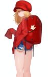  1girl backpack bag blonde_hair blue_eyes blue_shorts closed_mouth flower from_behind hat highres kneepits long_hair long_sleeves looking_at_viewer looking_back original red_bag red_headwear ryusei_hashida short_shorts shorts signature simple_background sleeves_past_fingers sleeves_past_wrists smile solo standing white_background white_flower 