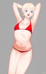  1girl :d armpits arms_behind_head bikini blonde_hair blue_eyes breasts freckles grey_background halterneck hands_up highres legs_together looking_to_the_side navel open_mouth original red_bikini ryusei_hashida short_hair signature simple_background small_breasts smile solo standing stomach swimsuit 