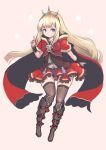  1girl black_footwear black_legwear blonde_hair blue_eyes boots cagliostro_(granblue_fantasy) cape commentary_request flat_chest frilled_skirt frills full_body granblue_fantasy hairband highres index_finger_raised johan_(johan13) knee_boots long_hair looking_at_viewer red_cape red_skirt skirt smile solo spiked_hairband spikes starry_background thigh-highs thigh_gap zettai_ryouiki 