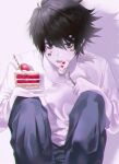 1boy bags_under_eyes bangs black_eyes black_hair black_pants cake cake_slice chromatic_aberration collarbone death_note drop_shadow eating feet_out_of_frame food fork fruit glint hair_between_eyes hair_ornament highres holding holding_fork holding_plate isobe47 l_(death_note) long_sleeves looking_at_viewer male_focus open_mouth pants plate shirt short_hair solo squatting strawberry strawberry_cake swept_bangs white_shirt 