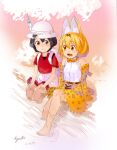  2girls :d absurdres animal_ears backpack bag bare_arms barefoot black_eyes black_hair blonde_hair blush bow bowtie closed_mouth dated elbow_gloves gloves hat hat_feather highres kaban_(kemono_friends) kemono_friends medium_hair multiple_girls open_mouth orange_bow orange_gloves orange_neckwear orange_skirt red_shirt ryusei_hashida serval_(kemono_friends) serval_ears serval_print serval_tail shirt short_shorts short_sleeves shorts signature sitting skirt smile soaking_feet tail white_bag white_headwear white_shirt white_shorts 