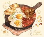  bacon beans bread bread_slice cup egg english_text food food_focus fork frying_pan garnish highres knife meat mushroom nao_(bestrollever) no_humans original rabbit realistic sausage simple_background still_life sunny_side_up_egg tomato tomato_slice vegetable 