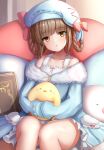  1girl :o animal azur_lane bangs bare_shoulders beret bird blue_headwear blue_jacket blunt_bangs blush book braid brown_eyes brown_hair camisole chick collarbone commentary_request eyebrows_visible_through_hair fur-trimmed_jacket fur_trim gremyashchy_(azur_lane) hair_rings hat head_tilt jacket manda_(manda9n) manjuu_(azur_lane) off_shoulder parted_lips solo twin_braids white_camisole 