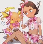  1boy artist_name bangs blue_eyes blush bow brown_hair buttons closed_mouth clothed_pokemon commentary_request cosplay crossdressinging dark_skin dark_skinned_male gen_1_pokemon goh_(pokemon) hair_bow hand_up knees_together leg_ribbon male_focus may_(pokemon) may_(pokemon)_(cosplay) miniskirt musical_note navel pink_bow pokemon pokemon_(anime) pokemon_(creature) pokemon_(game) pokemon_oras pokemon_swsh_(anime) raichu ribbon sitting skirt spoken_musical_note spoken_squiggle squiggle sweatdrop watermark wrist_cuffs ze_(0enmaitake) 