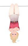  1girl absurdres belt blonde_hair blue_eyes closed_mouth crossed_arms grey_shorts highres looking_at_viewer original red_shirt ryusei_hashida shirt shorts signature simple_background smile solo symbol_commentary upside-down white_background 