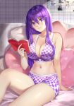  1girl alternate_costume bangs bare_arms bare_shoulders book breasts casual checkered collarbone commission crop_top doki_doki_literature_club eyebrows_visible_through_hair hair_between_eyes hair_ornament hairclip heart heart_pillow highres holding holding_book indoors large_breasts long_hair looking_at_viewer midriff navel open_book pillow potetos7 purple_hair short_shorts shorts sidelocks sitting smile solo tank_top violet_eyes watermark yuri_(doki_doki_literature_club) 