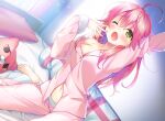  1girl ahoge arm_up barefoot bed bedroom breasts feet green_eyes hand_to_own_mouth highres hololive indoors long_hair navel off_shoulder one_eye_closed open_mouth pajamas pants pillow pink_hair pink_pajamas pink_pants pink_shirt sakura_miko shirt sitting solo stretch stuffed_toy suimya toes yawning 