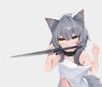  1girl absurdres animal_ear_fluff animal_ears bare_arms bare_shoulders character_request claw_pose copyright_request grey_background grey_hair hands_up highres looking_at_viewer medium_hair navel shanhai_wuwei_hou simple_background solo strap_slip sword tail tank_top teeth_hold upper_body weapon white_tank_top yellow_eyes 