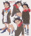  1boy antenna_hair bangs black_hair black_legwear blue_eyes blush breath closed_mouth coat commentary_request goh_(pokemon) hair_ornament hands_in_pockets hands_on_own_knees legs_together male_focus multiple_views open_clothes open_coat open_mouth pokemon pokemon_(anime) pokemon_swsh_(anime) red_scarf scarf shirt shorts sideways_glance socks standing tongue translation_request white_shorts ze_(0enmaitake) 