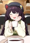  1girl :3 ^_^ animal_ears bangs beige_cardigan blurry blurry_background blush braid cardigan closed_eyes coffee coffee_mug cup dog_ears dog_girl elbows_on_table eyebrows_visible_through_hair fangs hand_on_own_cheek hand_on_own_face head_tilt highres holding holding_cup inui_toko mug nichijo nijisanji pov pov_dating solo twin_braids virtual_youtuber 