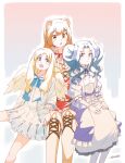  3girls :d :o absurdres angel_wings animal_ears blonde_hair blue_hair blue_neckwear blue_ribbon boots border brown_eyes brown_hair closed_mouth dress firo_(tate_no_yuusha_no_nariagari) hands_on_lap highres invisible_chair long_hair long_sleeves looking_at_viewer melty_q_melromarc multiple_girls neck_ribbon open_mouth parted_lips purple_dress raphtalia reward_available ribbon ryusei_hashida signature sitting smile tate_no_yuusha_no_nariagari twintails violet_eyes white_border white_dress wings 
