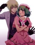  1boy 1girl blonde_hair brera_sterne brother_and_sister cero_(cerocero) dress gloves green_hair hat jewelry looking_at_another macross macross_frontier macross_frontier:_itsuwari_no_utahime necklace pink_dress ranka_lee red_eyes short_hair siblings 