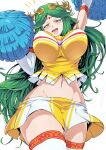  1girl bangs bouncing_breasts breasts cheerleader elbow_gloves eyebrows_visible_through_hair from_below gloves green_eyes green_hair headdress highres kid_icarus kid_icarus_uprising large_breasts long_hair looking_down midriff miniskirt navel open_mouth palutena parted_bangs pom_poms shimure_(460) skirt solo thigh-highs v-shaped_eyebrows very_long_hair 
