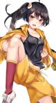  1girl :d absurdres ahoge araragi_karen black_eyes black_hair breasts calf_socks collarbone fighting_stance fried_egg hair_ornament highres hood hood_down hooded_track_jacket jacket jacket_on_shoulders leg_up long_hair midriff_peek monogatari_(series) multiple_girls navel open_mouth red_legwear shoes shorts side_ponytail simple_background small_breasts smile sneakers solo track_jacket v-shaped_eyebrows white_background white_footwear yellow_jacket yellow_shorts yuunamida_uyu 