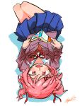  1girl :d absurdres blue_skirt book doki_doki_literature_club from_behind grey_jacket hair_ornament hairclip highres holding holding_book jacket legs_together long_sleeves looking_at_viewer looking_back lying miniskirt natsuki_(doki_doki_literature_club) neck_ribbon on_back open_mouth pink_eyes pink_hair pleated_skirt red_neckwear red_ribbon ribbon ryusei_hashida signature skirt smile solo twintails upside-down x_hair_ornament 