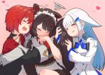  3girls =_= ^_^ absurdres ange_katrina animal_ears bangs black_choker black_jacket blunt_bangs blush choker closed_eyes dog_ears dog_girl dog_tail eyebrows_visible_through_hair flat_chest flower girl_sandwich hair_flower hair_ornament heart highres hug inui_toko jacket lize_helesta maid_headdress multiple_girls nijisanji obi off-shoulder_jacket open_mouth pink_background sandwiched sash tail tail_rubbing virtual_youtuber wa_maid waduki white_jacket yuri 