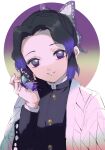  1girl animal_on_hand bangs black_hair black_jacket bug butterfly butterfly_hair_ornament commentary_request forehead gradient_hair hair_ornament highres insect jacket kayanogura kimetsu_no_yaiba kochou_shinobu long_sleeves multicolored_hair open_clothes parted_bangs parted_lips purple_hair smile solo upper_body violet_eyes white_background wide_sleeves 