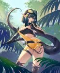  1girl absurdres arknights bandeau bangs black_gloves black_hair blue_eyes eunectes_(arknights) gloves goggles goggles_on_head highres looking_at_viewer outdoors parted_lips pointy_ears shiyiyuya short_hair snake_tail solo standing strapless tail thigh_strap thighs tubetop 