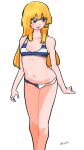  1girl :d absurdres arms_at_sides bikini blonde_hair blue_bikini blue_eyes blush breasts dot_nose feet_out_of_frame highres legs_together long_hair looking_to_the_side navel open_mouth original ryusei_hashida signature simple_background small_breasts smile solo standing swimsuit white_background 