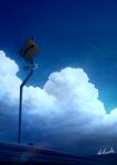  alu.m_(alpcmas) backlighting blue_sky blue_theme clouds commentary_request cumulonimbus_cloud guard_rail highres no_humans original outdoors road_sign scenery sign signature sky trail translation_request 