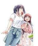  2girls :d belt blue_hair dengeki_g&#039;s denim feeding flower_skirt food fruit half_updo jeans long_hair love_live! love_live!_sunshine!! matsuura_kanan multiple_girls open_mouth pants pito_(sh02327) ponytail purple_hair redhead sakurauchi_riko shirt short_hair skirt smile strawberry tied_sweater white_background white_shirt yellow_eyes 