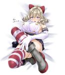  1girl artist_name bangs bed_sheet blue_eyes blue_skirt blush boots breasts brown_hair commentary_request cosplay dated drill_hair elbow_gloves eyebrows_visible_through_hair full_body gloves grey_footwear hair_between_eyes hair_ribbon hatakaze_(kancolle) highres kantai_collection large_breasts looking_at_viewer lying microskirt on_back open_mouth pleated_skirt red_legwear red_ribbon ribbon shimakaze_(kancolle) shimakaze_(kancolle)_(cosplay) short_hair signature skirt solo striped striped_legwear thigh-highs tk8d32 white_gloves 