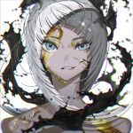  1girl absurdres aqua_eyes biting blunt_ends chromatic_aberration freckles grey_hair highres lip_biting looking_at_viewer multicolored_hair original paint portrait solo two-tone_hair white_background white_hair yoneyama_mai 