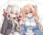  2girls alternate_costume amatsukaze_(kancolle) blue_jacket blush breasts brown_eyes brown_jacket casual dress eyebrows_visible_through_hair hair_between_eyes hair_tubes jacket johnston_(kancolle) kantai_collection kasashi_(kasasi008) light_brown_hair long_hair looking_at_viewer looking_up medium_breasts multiple_girls official_alternate_costume open_mouth ribbed_dress silver_hair sitting smokestack_hair_ornament two_side_up windsock 