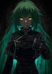  1girl backlighting bangs black_background black_gloves breasts danaid_ianad gloves glowing glowing_eyes glowing_hair green_hair hand_on_own_chest headset kitakouji_hisui long_hair looking_at_viewer medium_breasts nijisanji open_mouth sharp_teeth smile solo teeth upper_body very_long_hair virtual_youtuber yellow_eyes 