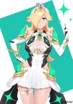  1girl absurdres aegis_sword_(xenoblade) bangs bare_legs bare_shoulders blonde_hair blue_eyes blush breasts chest_jewel cleavage_cutout clothing_cutout cosplay dress earrings elbow_gloves gem gloves headpiece highres jewelry kaos_art large_breasts long_hair looking_at_viewer super_mario_bros. mythra_(xenoblade)_(cosplay) rosalina short_dress solo super_mario_galaxy super_smash_bros. swept_bangs thigh_strap tiara very_long_hair white_dress white_footwear white_gloves xenoblade_chronicles_(series) xenoblade_chronicles_2 yellow_eyes 