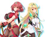  2girls aegis_sword_(xenoblade) bangs bare_shoulders black_gloves blonde_hair blush breasts chest_jewel covered_navel dress earrings elbow_gloves fingerless_gloves gem gloves headpiece highres jewelry large_breasts long_hair looking_at_viewer multiple_girls mythra_(xenoblade) pyra_(xenoblade) rayal red_eyes red_legwear red_shorts redhead short_hair short_shorts shorts super_smash_bros. swept_bangs sword thigh-highs thigh_strap tiara weapon xenoblade_chronicles_(series) xenoblade_chronicles_2 yellow_eyes 