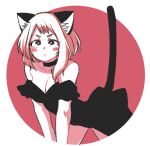  1girl 326xxx1 all_fours animal_ears bangs bare_arms bare_legs barefoot black_dress bob_cut boku_no_hero_academia breasts cat_ears cat_girl cat_tail closed_mouth dress eyebrows greyscale hands_on_floor highres monochrome red_background redrawn short_hair sidelocks simple_background solo strapless strapless_dress tail uraraka_ochako 