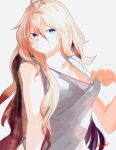  1girl ahoge bare_arms blonde_hair blue_eyes closed_mouth grey_shirt hair_between_eyes highres long_hair looking_at_viewer original ryusei_hashida shirt shirt_pull signature simple_background solo upper_body very_long_hair white_background 