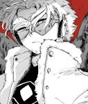  1boy absurdres boku_no_hero_academia buttons chibi_(o_chi_bi11) closed_mouth commentary_request facial_hair facial_mark feathered_wings floating_hair fur-trimmed_jacket fur_trim goggles half-closed_eyes hawks_(boku_no_hero_academia) headphones high_collar highres jacket male_focus monochrome portrait red_background shirt short_hair simple_background solo stubble wings 