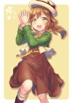  1girl b.ren bangs belt_buckle boots bow brown_dress brown_hair buckle buttons clapping dress eyebrows_visible_through_hair flower_(symbol) green_shirt hair_ornament hands_together happy hat hat_bow highres kunikida_hanamaru long_hair love_live! love_live!_sunshine!! love_live!_sunshine!!_the_school_idol_movie_over_the_rainbow low_ponytail open_mouth ponytail shirt smile solo star_(sky) teeth upper_teeth yellow_background yellow_eyes 